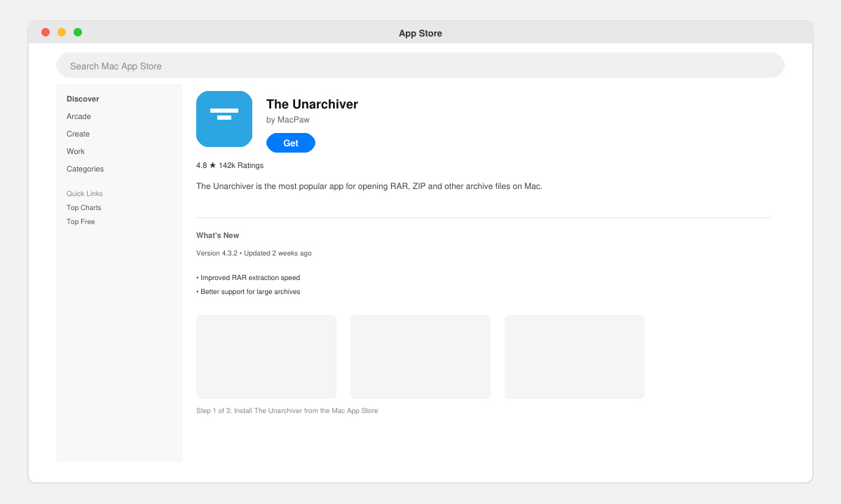 App Store page for The Unarchiver with the Get button visible
