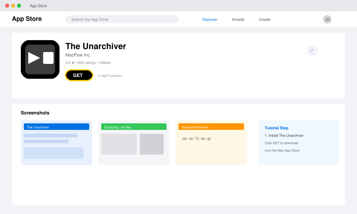The Unarchiver app page in the Mac App Store