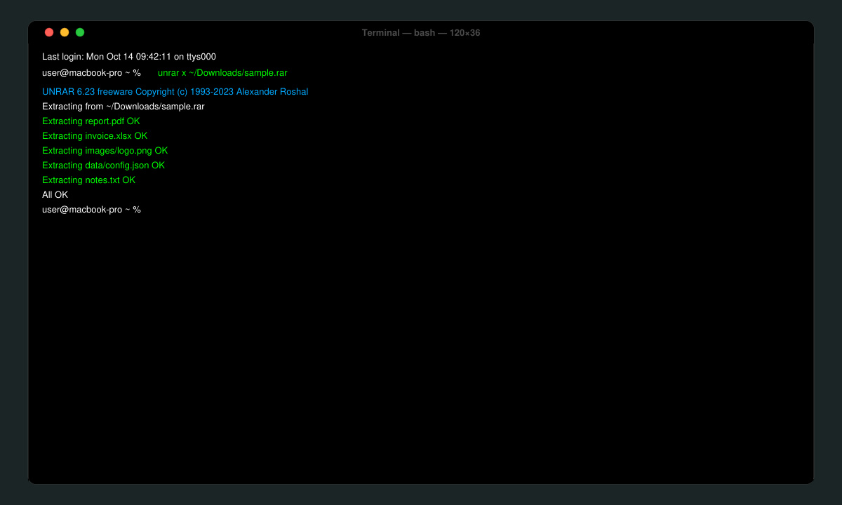 Terminal window showing unrar extraction command on Mac