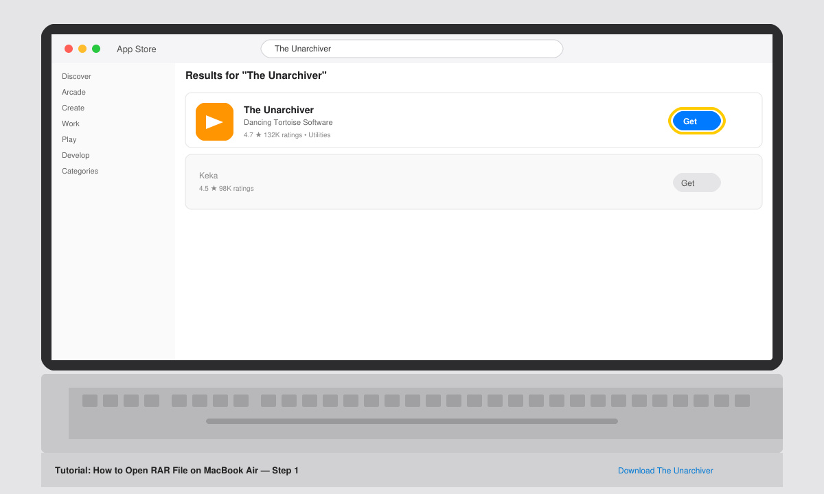 App Store window on MacBook Air with The Unarchiver search result and Get button highlighted