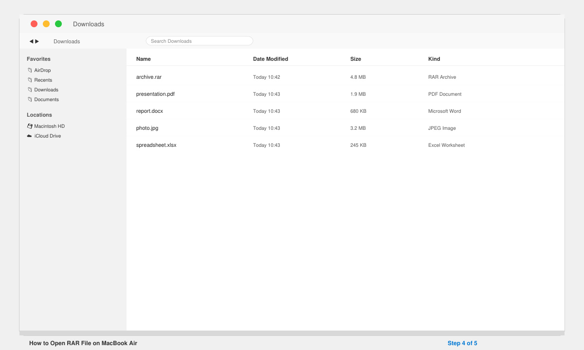 Finder window on MacBook Air displaying extracted files from a RAR archive next to the original .rar file