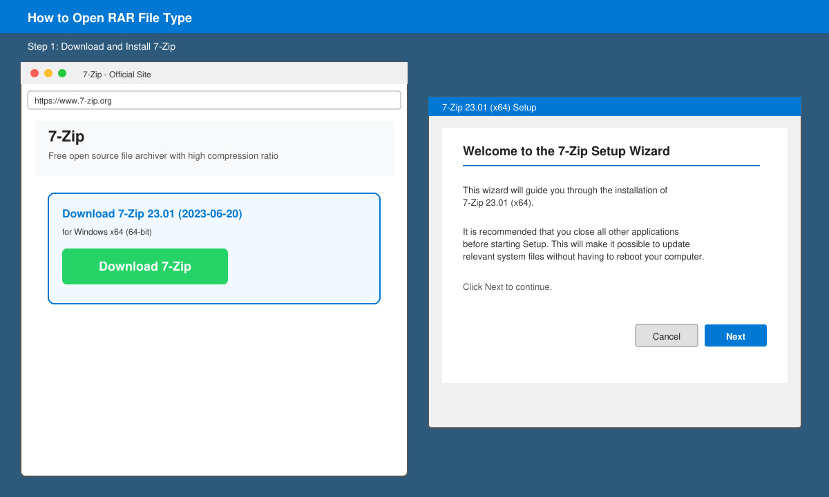 7-Zip download page and installation wizard screen