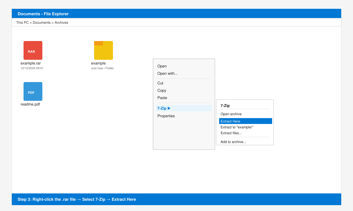 Right-click menu showing 7-Zip extract options and resulting extracted folder
