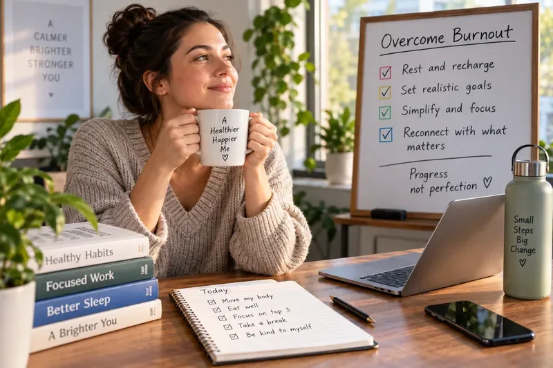 A relaxed professional holds a warm drink at a bright desk beside a board listing burnout recovery habits.