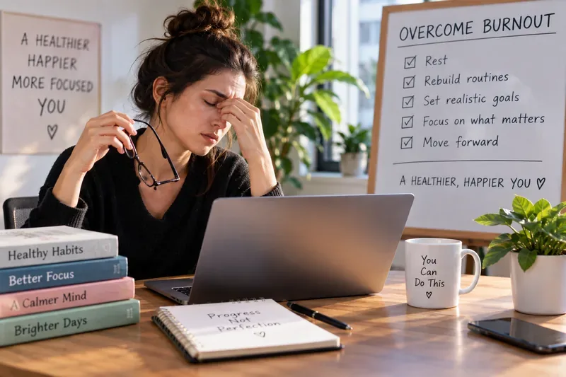 A tired professional pauses at a laptop and rubs the bridge of her nose beside a burnout recovery checklist.