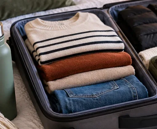 Folded cream, rust, beige and denim layers arranged inside a carry-on suitcase