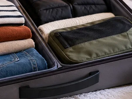 A green packing cube beside folded sweaters, jeans and a light puffer jacket inside an open carry-on