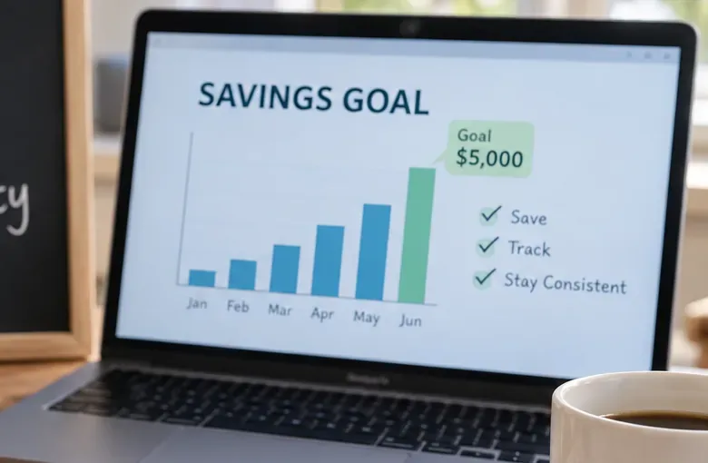 A laptop displays a savings goal chart rising month by month toward a five-thousand-dollar target.