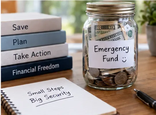An emergency fund jar filled with cash and coins beside books labeled Save, Plan, Take Action, and Financial Freedom.
