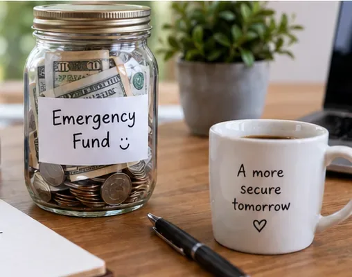 A cash-filled emergency fund jar beside a coffee mug that reads A more secure tomorrow on a bright home-office desk.