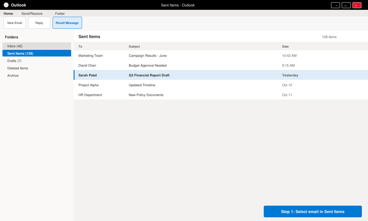 Sent Items folder open in Outlook with an email highlighted