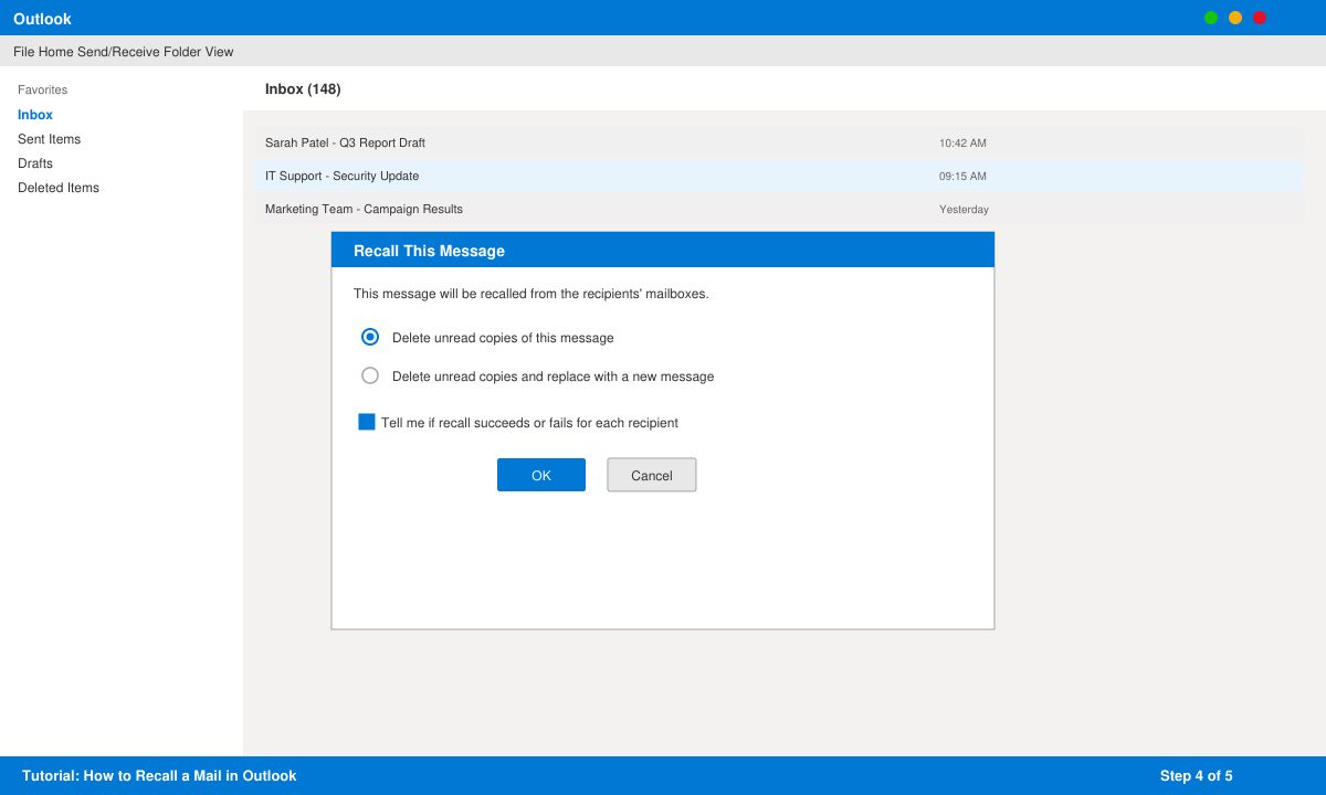 Recall This Message dialog box open in Outlook