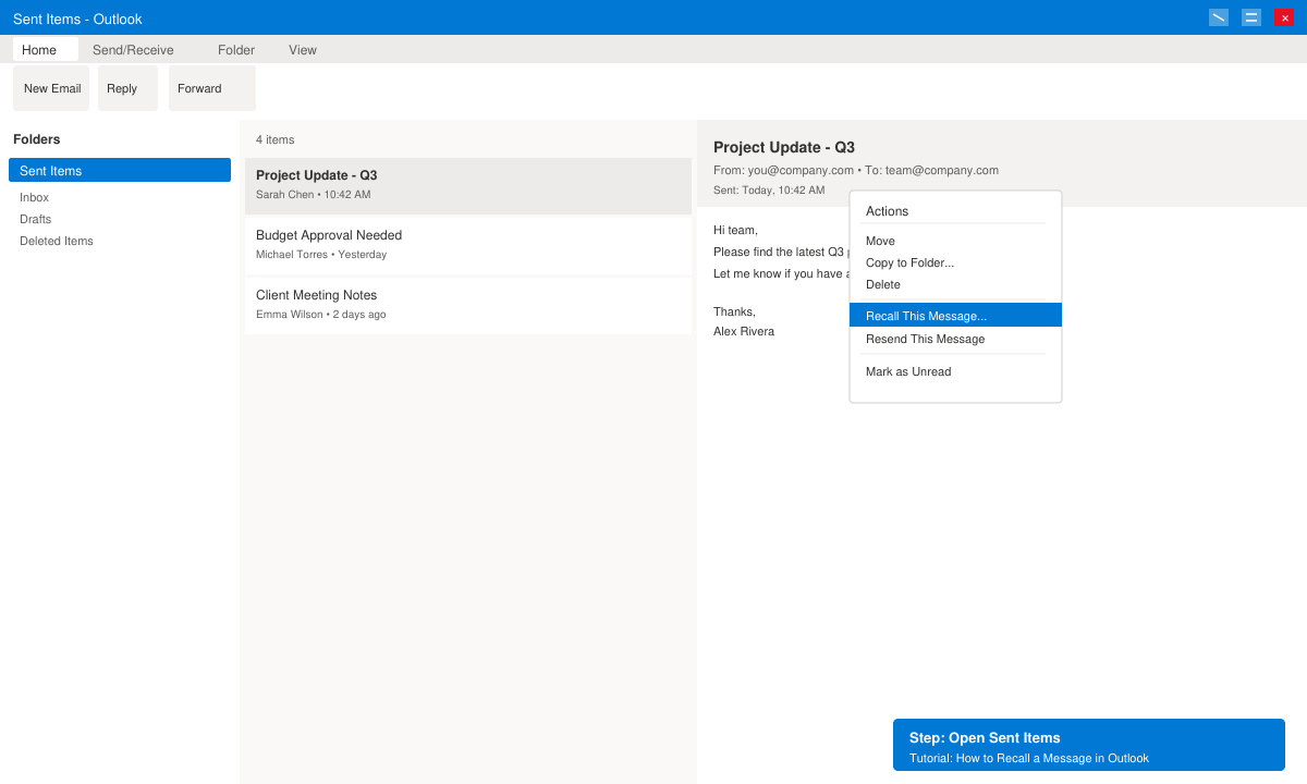 Sent Items folder open in Outlook desktop