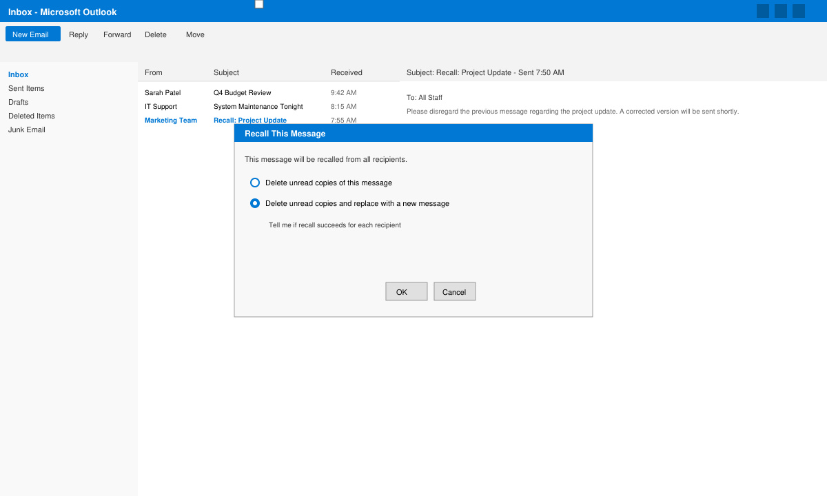 Recall This Message dialog box in Outlook