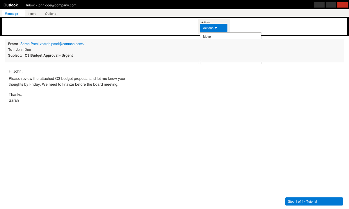 Close-up of Outlook Sent Items list with an email opened in a separate window and the cursor on the Actions menu