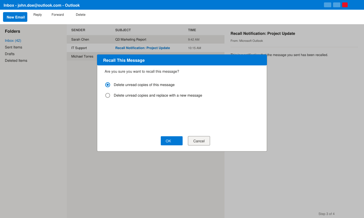 Outlook Recall This Message dialog box open with the two main options visible and a success notification email in the background