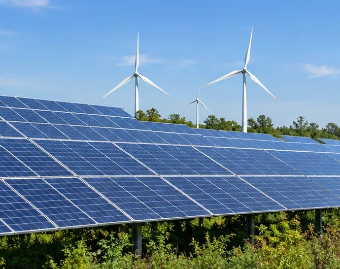A field of blue solar panels with three wind turbines in the background under a clear sky