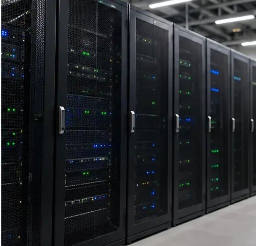 Rows of black server racks with status lights inside a data center