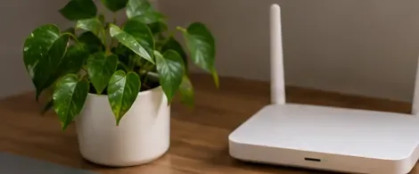 A white home Wi-Fi router on a wooden desk beside a potted plant