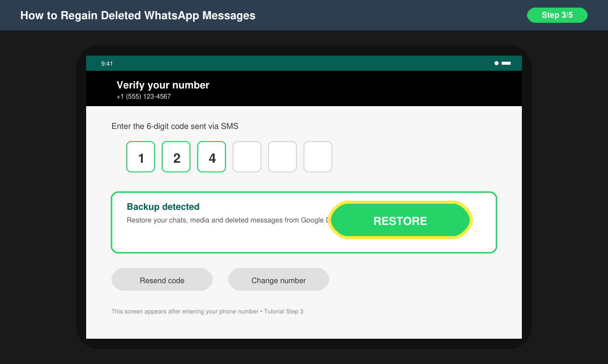 WhatsApp verification screen showing the Restore button after number entry