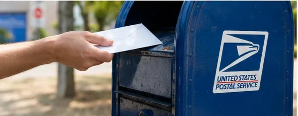 A person placing a sealed envelope into a United States Postal Service collection box