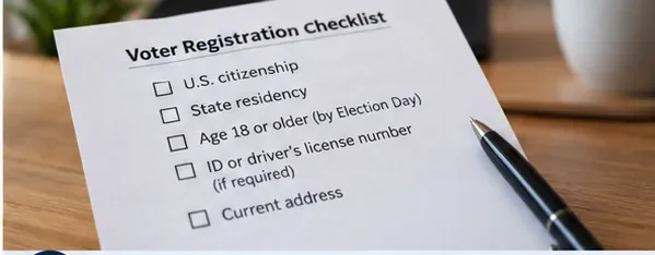 A voter registration checklist showing common eligibility and information items beside a pen