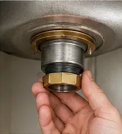 Close-up beneath a sink showing the large brass locknut on a threaded basket-strainer body