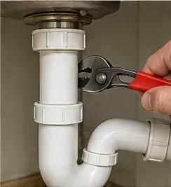 Hand using adjustable pliers on a white plastic slip nut beneath a kitchen sink drain
