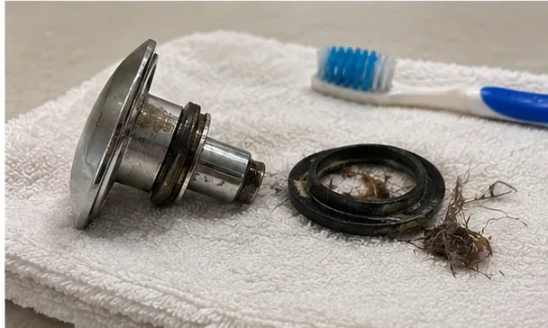 Removed sink stopper parts with hair buildup on a towel next to a small cleaning brush
