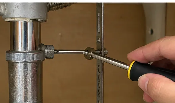 Under-sink view of a horizontal pivot rod entering the side of a metal bathroom sink drain