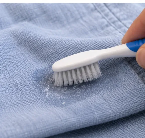A soft brush gently working loosened nail-glue residue on blue fabric after a water-based soak