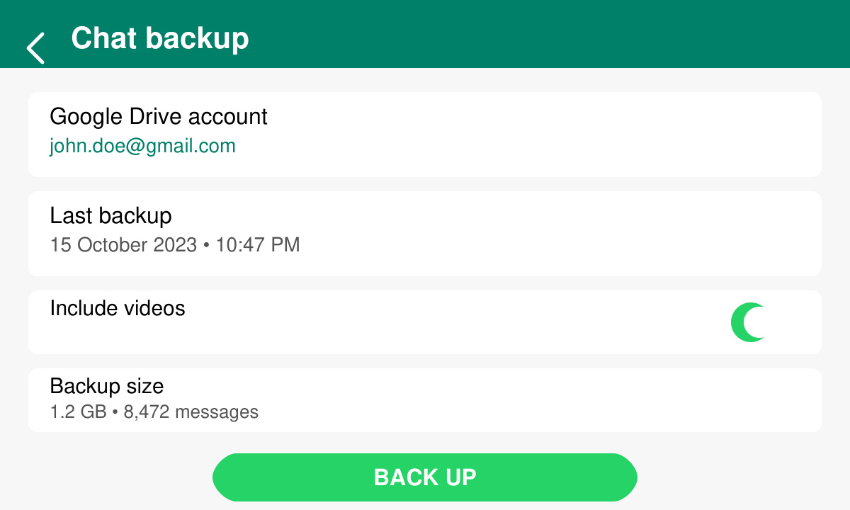 Screenshot of WhatsApp Chat backup screen showing last backup date and Google Drive account