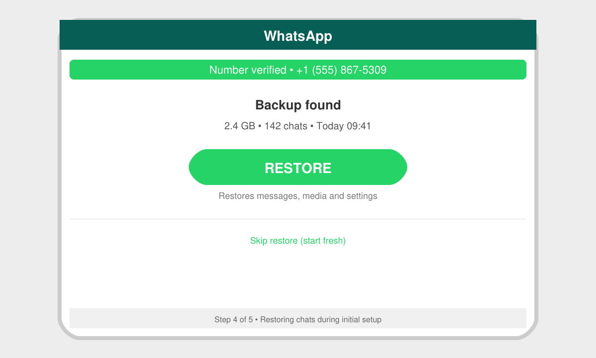 WhatsApp restore from backup prompt screen with the Restore button highlighted