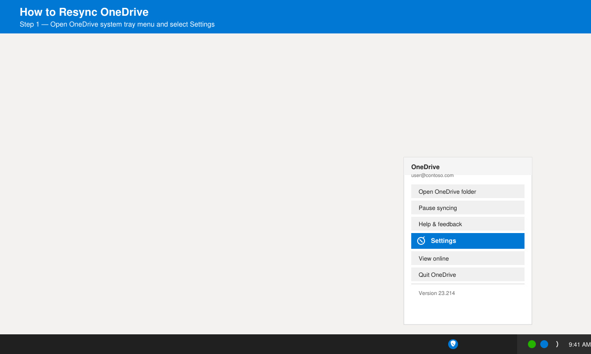OneDrive system tray menu open with the gear icon highlighted and Settings option visible