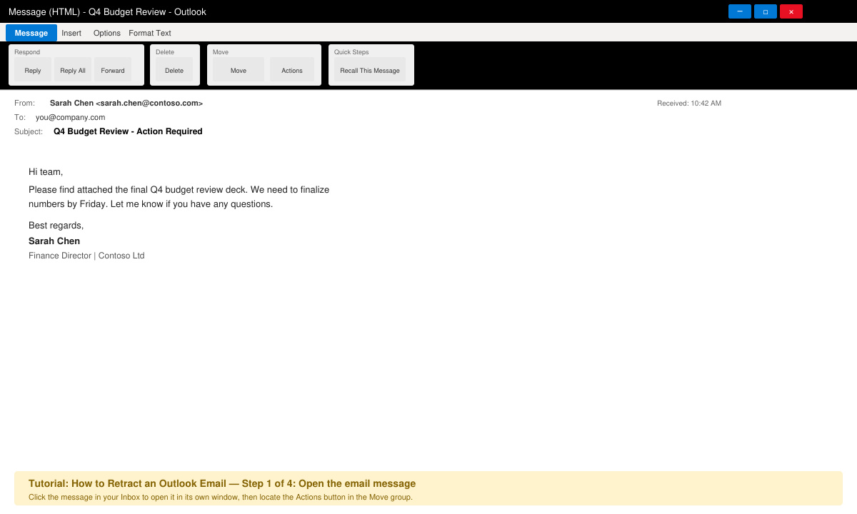 Close-up of Outlook Sent Items folder with a specific email opened in its own window