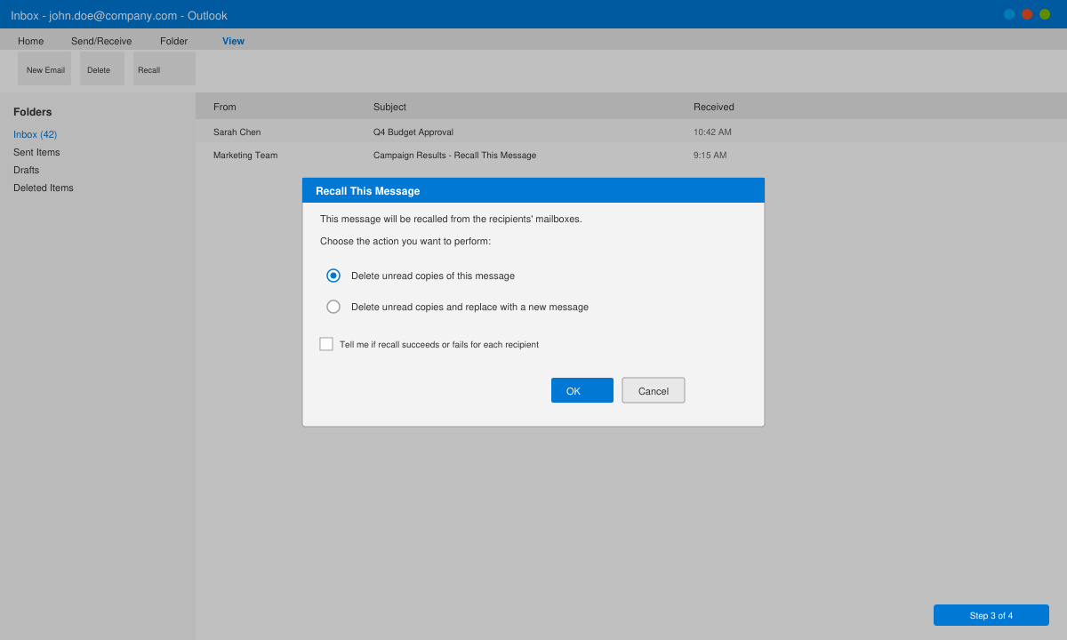 Recall This Message dialog box open with the two main options visible and the OK button ready