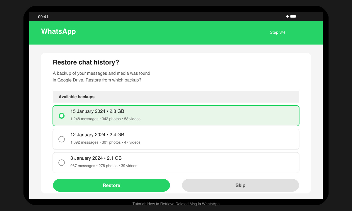 WhatsApp restore prompt screen on Android showing backup date selection