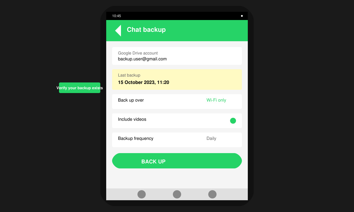 Phone screen showing WhatsApp reinstall screen with Google Drive sign-in prompt