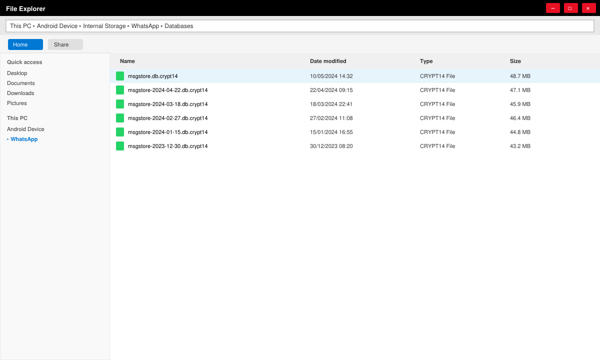 File explorer window displaying WhatsApp Databases folder with msgstore files highlighted