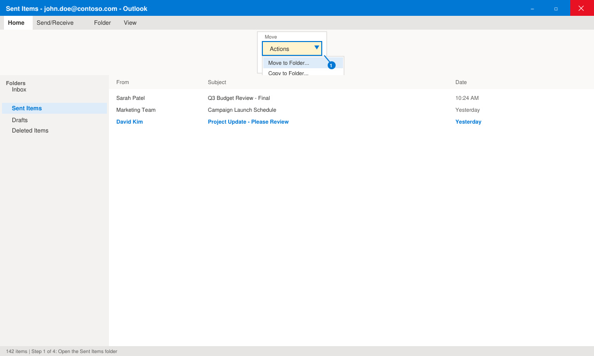 Sent Items folder open with email selected to start the revoke process