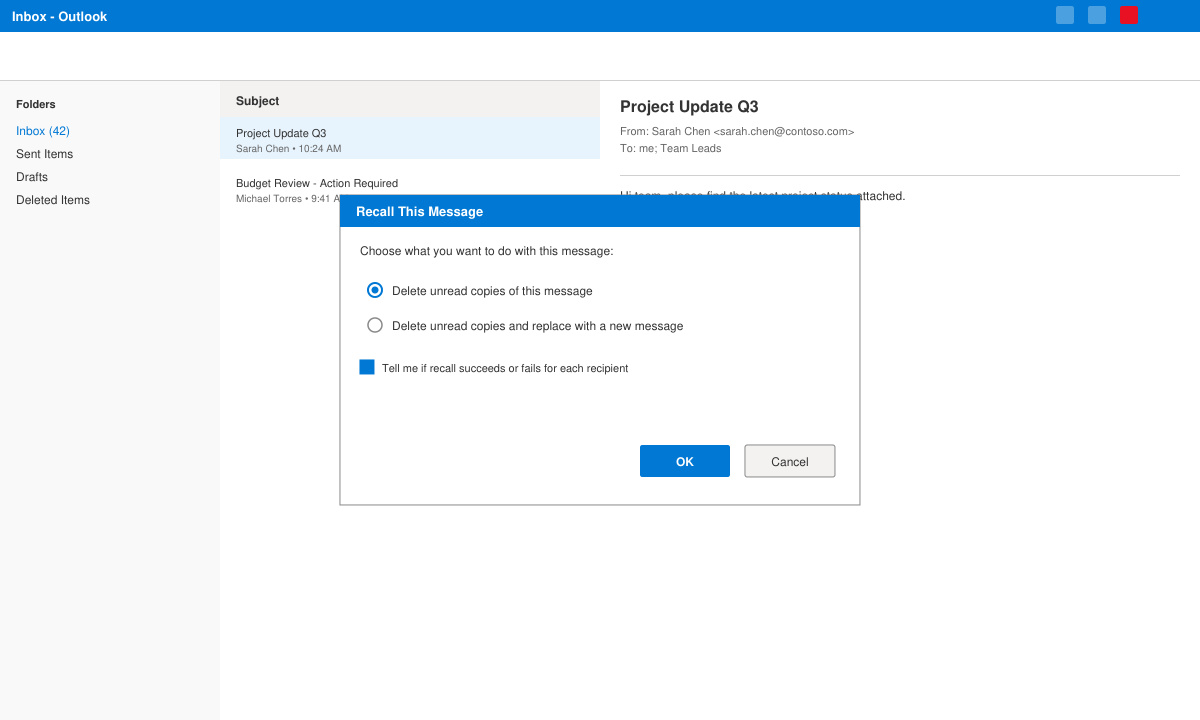 Recall This Message dialog box with delete and replace options visible