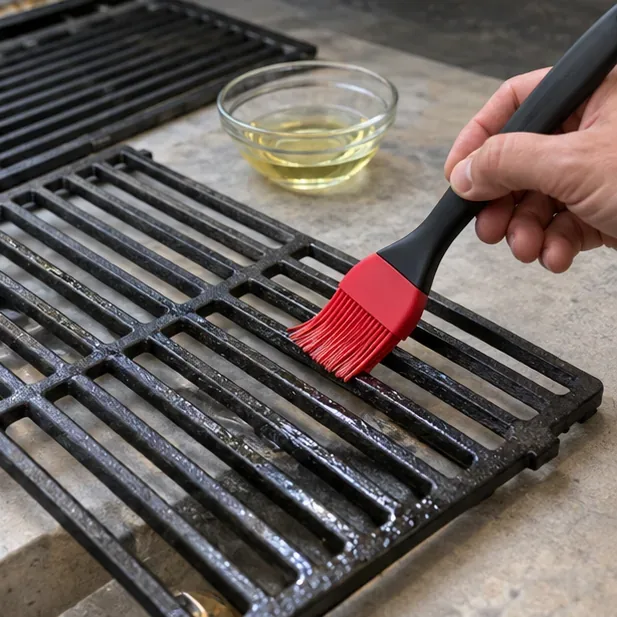 A thin coat of cooking oil being brushed across both sides of a dry cast-iron grill grate.