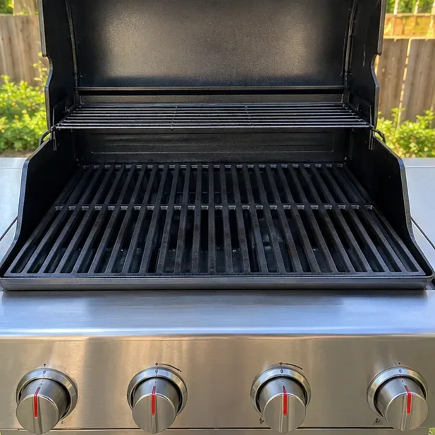 An open gas grill with evenly darkened grates after seasoning and cooling, ready for normal cooking.