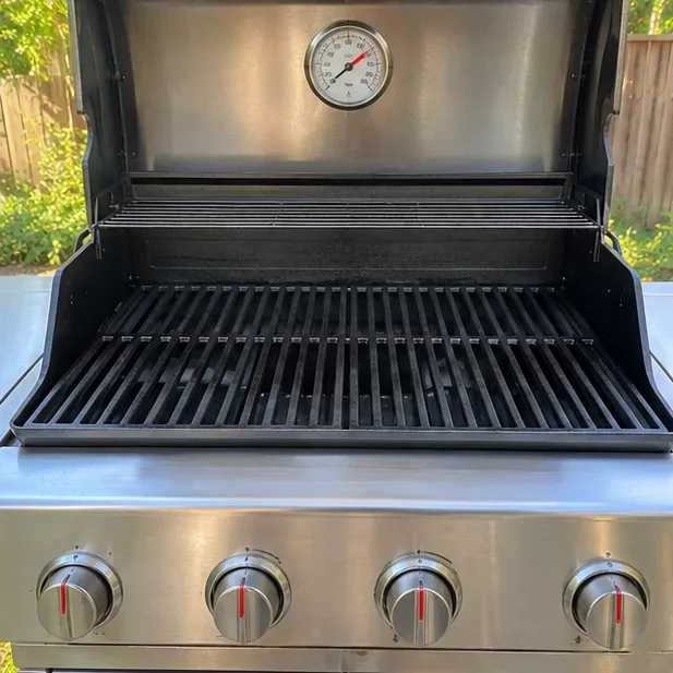 A clean gas grill with dark cast-iron grates installed and the lid open before the heating stage.