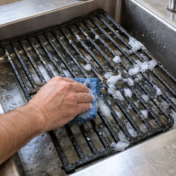 Cast-iron grill grates being washed by hand with warm soapy water and a soft cleaning pad in a sink.