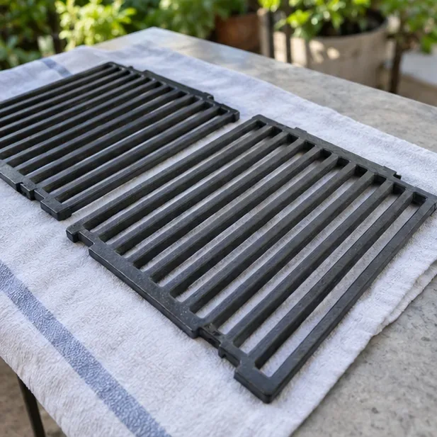 Two cleaned cast-iron grill grates lying flat on a towel to dry completely before oil is applied.