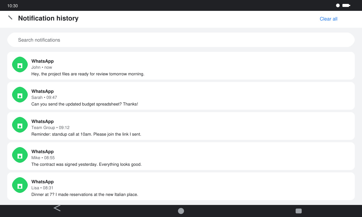 Notification history screen listing several WhatsApp alerts with the original message text still readable