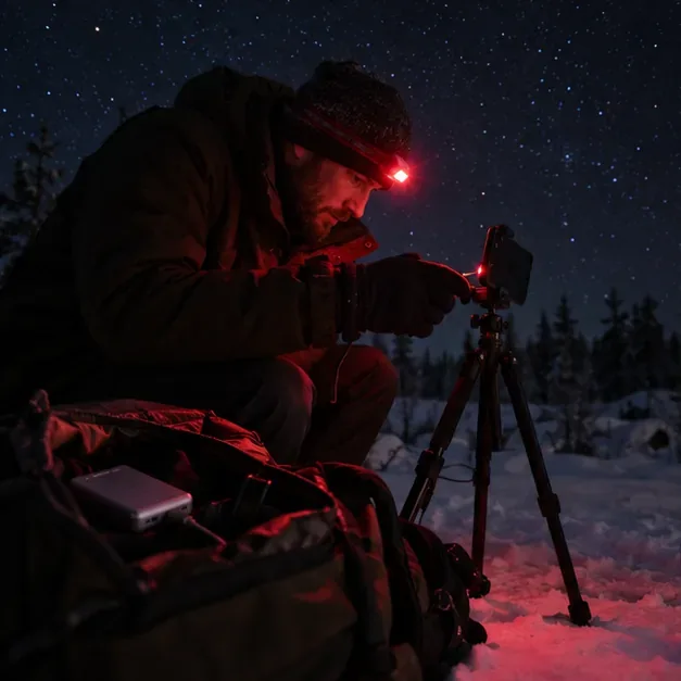 A warmly dressed night-sky observer uses a red headlamp to set a phone on a tripod and keeps a spare battery close