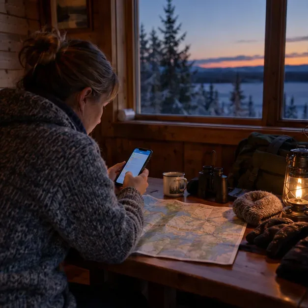 A traveler at a cabin table checks a phone beside a paper map and warm outdoor gear before an aurora outing