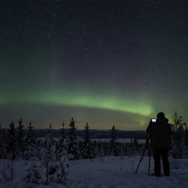 A faint green auroral arc rises above a dark forest while an observer photographs it from a tripod
